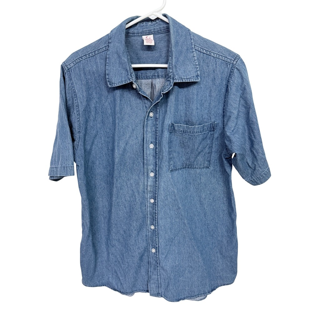 Open Trails Mens Medium Denim Short Sleeve Button Down Shirt Blue Cotton Work